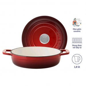 Nồi chảo gang 2-in-1 OCENO phủ men gốm màu đỏ cherry 22cm